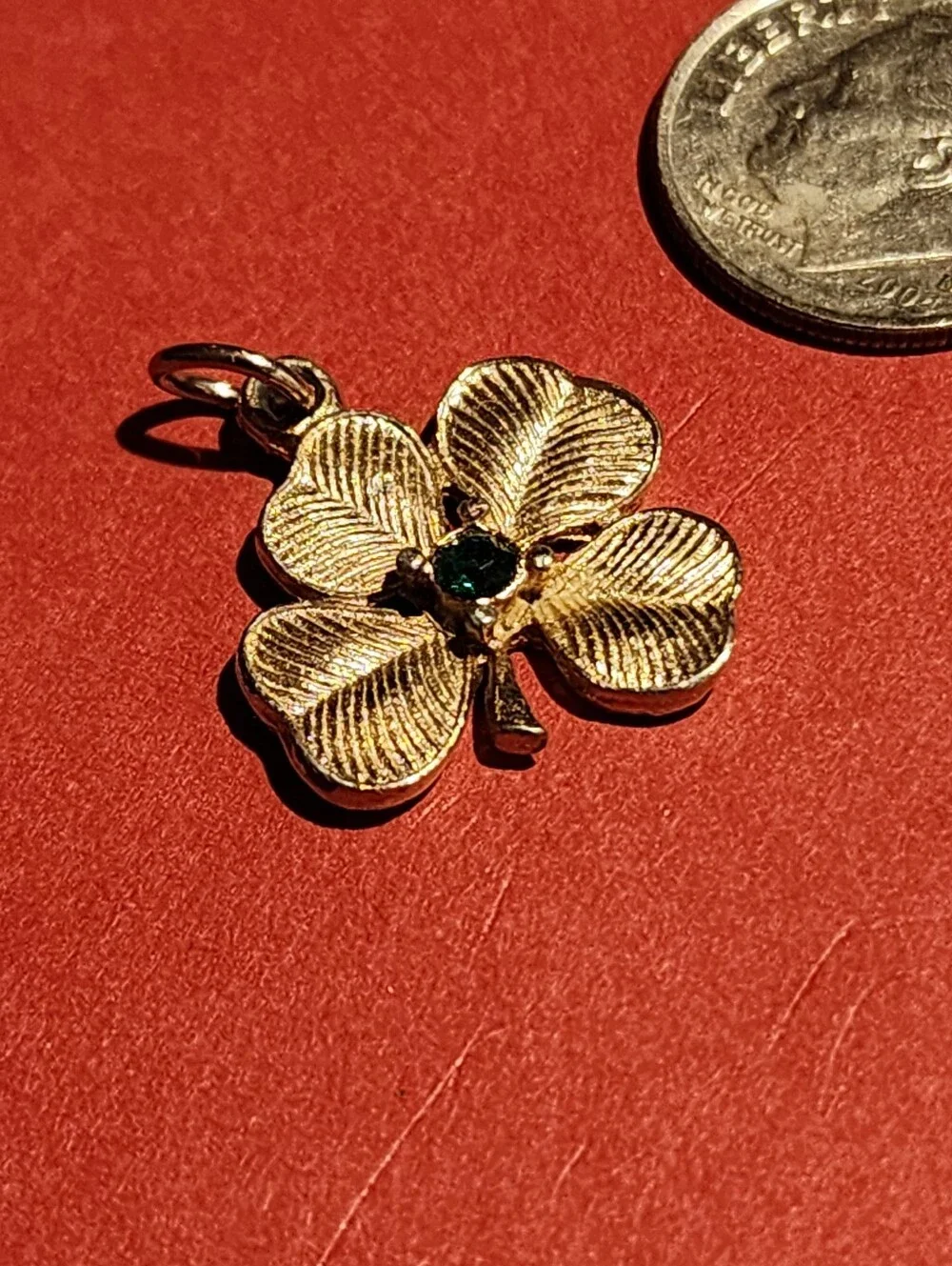 Vintage Gold Tone Four Leaf Clover Shamrock Charm Green Rhinestone Pendant